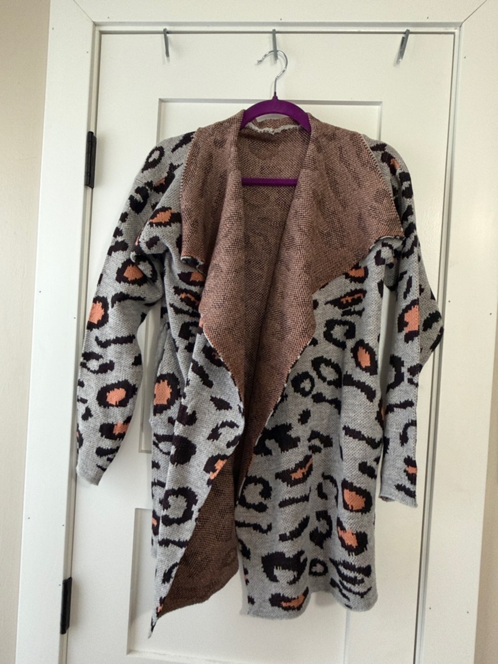 Women's Open-Front Leopard Print Cardigan Jacket - Gray & Brown